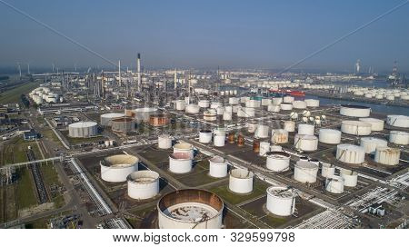 Port Of Rotterdam. Botlek. Oil Refinery Plant From Industry Zone, Aerial View Oil And Gas Industrial