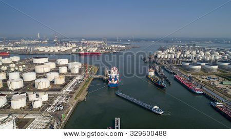 Port Of Rotterdam. Botlek. Oil Refinery Plant From Industry Zone, Aerial View Oil And Gas Industrial