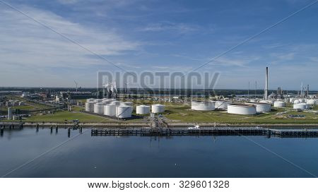 Port Of Rotterdam. Botlek. Oil Refinery Plant From Industry Zone, Aerial View Oil And Gas Industrial