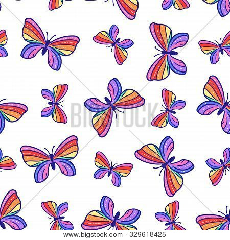 Lgbt Seamless Pattern. Vector Rainbow Striped Butterfly Isolated On White Background