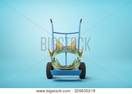 3d Close-up Rendering Of Big Golden Crown On Blue Hand Truck On Light-blue Background.