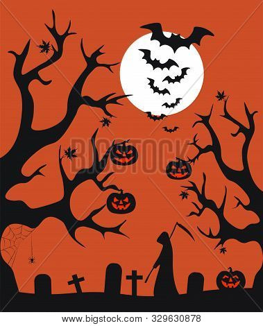 Happy Halloween. A Ghost Wanders Among Tombstones And Trees On An Orange Background. Pumpkins Are Hu