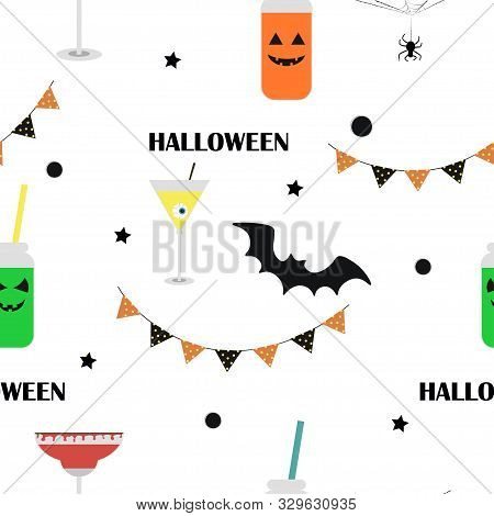 Halloween Seamless Pattern. Drinks, Flags, Spider And Bat On A White Background.