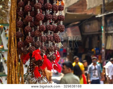 Rishikesh, India - Circa April 2018. Beads Of Rudraksh On Street Market In Rishikesh.