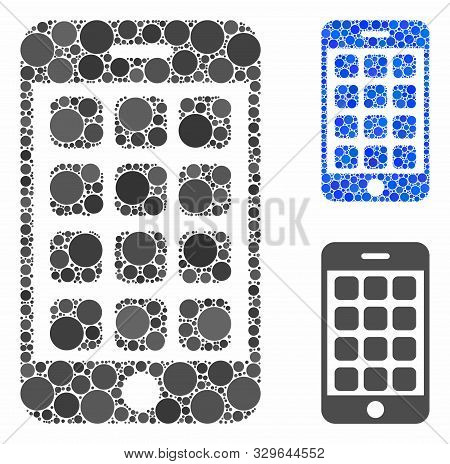 Mobile Apps Mosaic Of Round Dots In Variable Sizes And Color Tones, Based On Mobile Apps Icon. Vecto