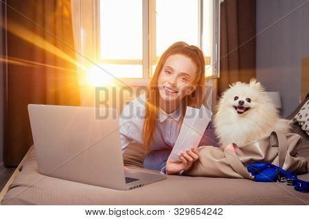 Happy Redhaired Ginger Woman Lying Down In Bed With Her Cute White Fluffy Dog Spitz In Travel Bag Ca