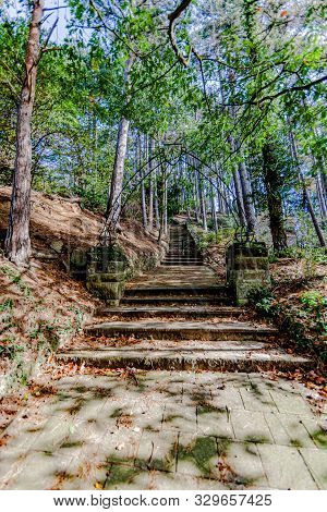 Natural Staircase In The Forest With A Metal Arch At The Beginning With The Legend Mary Park On A Hi