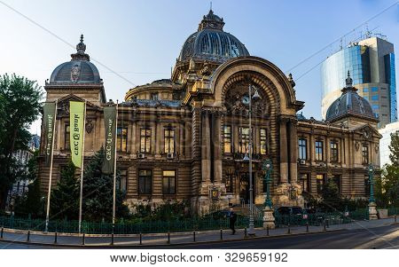 Bucharest Historical Building. Panoramic View Of Cec Palace, Landmark Of Old Town Bucharest, Romania