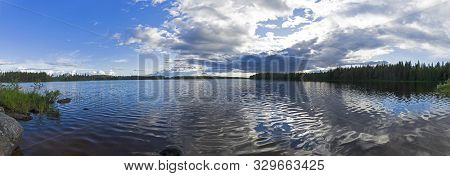 Panorama Of The Reach On The Keret River With Beautiful Clouds. Karelia, Russia, End Of June.