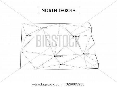 Polygonal Abstract Map State Of North Dakota With Connected Triangular Shapes Formed From Lines. Cap