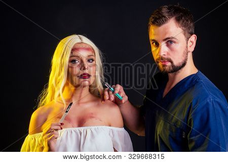 Surgery Victim Beauty Drawing Line Make Up Face Female Before Operation Syringe.halloween Concept