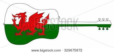 A Typical Acoustic Guitar Silhouette Isolated Over A White Background With A Wales Flag