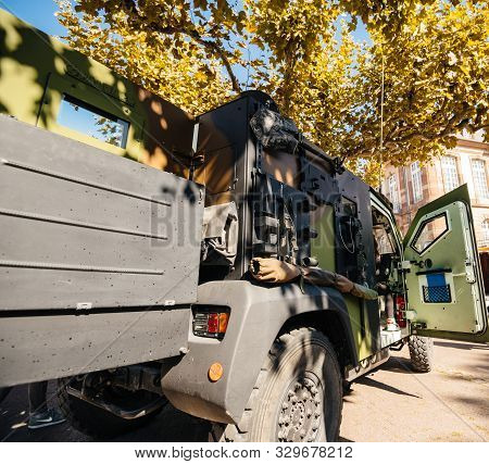 Strasbourg, France - Sep 21, 2019: Rear View Of Parked French Army Petit Vehicule Protege Armoured I