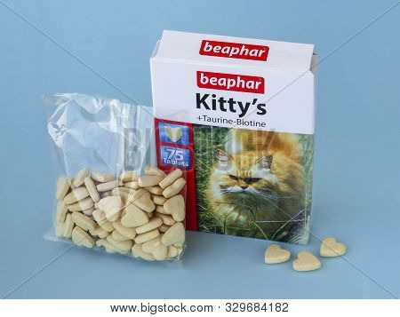 Varna, Bulgaria, October 24, 2019. Heart Shaped Pills Of Complementary Feed For Cats With Taurine, B