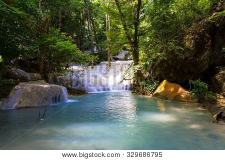 Erawan Waterfall With Emerald Water And Natural In Forest Complete Of Kanchanabur Province,thailand