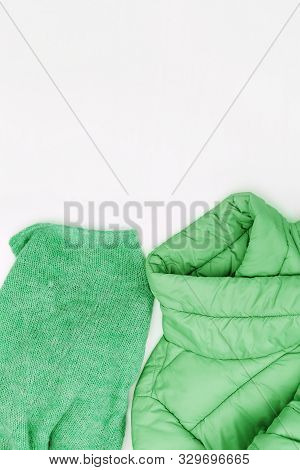Female Autumn Set Of Clothing Neo Mint Trend Color, Down Jacket, Warm Wool Knitted Scarf. Shopping O