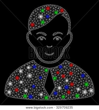 Bright Mesh Loyer With Glare Effect. White Wire Frame Polygonal Mesh In Vector Format On A Black Bac