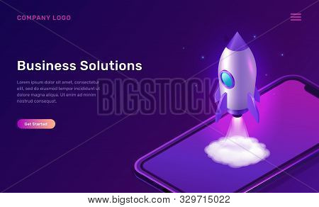 Business Start Up Isometric Concept Vector Illustration. Rocket Taking Off With Fire And Smoke Cloud