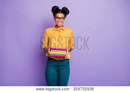 Photo Of Amazing High School Dark Skin Lady Holding Many Colorful Books Diligent Student Wear Specs 