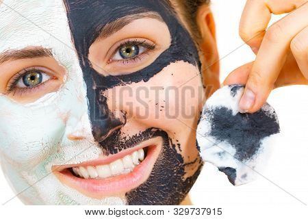 Girl Remove Black White Mud Mask From Face