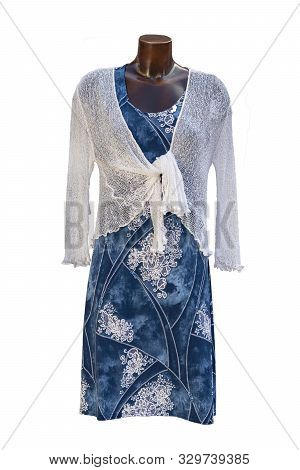 Dress Isolated. Closeup Of Colorful Blue White Elegant Stylish Sleeveless Summer Dress With A White 