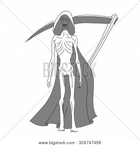 Abstract Image Of Death With A Scythe. A Very Thin Death In A Black Mourning Mantle. Frail Vector Il