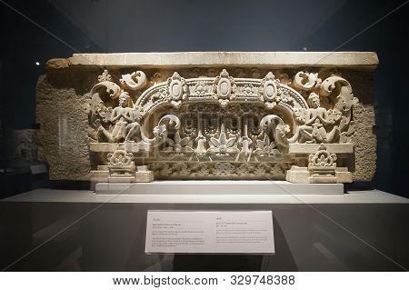 Prachin Buri, Thailand - August 26, 2019: Lintel Khmer Art In Thailand 607-657 Ad. In Prachin Buri N