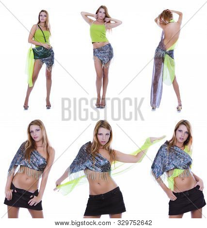 The Girl Demonstrates The Options For Using A Neckerchief As Clothing. 5 In 1