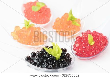 Molecular Cuisine Caviar Elements Shot Closeup Of A Plastic Buffet Table Spoon.