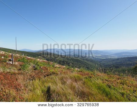 Panorama Of Silesian Beskids Mountains Range Landscapes Near Salmopol Pass Above European City Of Sz