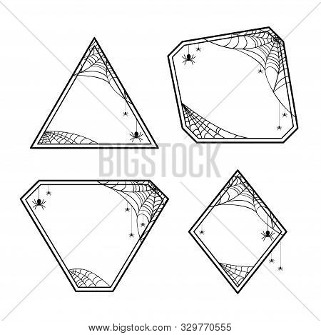 Halloween Geometric Frames Set With Spiderweb, Hanging Spiders Sitting Spiders. Vector Illustration 