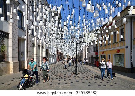 Moscow, Russia - May 26. 2019. Stoleshnikov Lane - Pedestrian Tourist Street