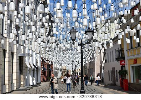 Moscow, Russia - May 26. 2019. Stoleshnikov Lane - Pedestrian Tourist Street