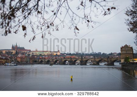 Evening Walk And Sightseeing While Traveling In The Fall To Prague, Czech Republic. Charles Bridge A