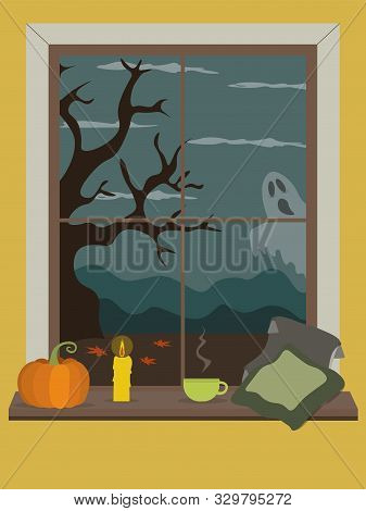 Halloween Vector Illustration In A Flat, Cartoon Style.
Gloomy Halloween Night. On The Street, Outsi