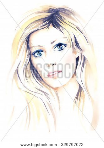 Beautiful Young Women With Short Bob Haircut Hair, Hand Paint Watercolor Portrait  Illustration.