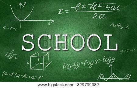 School Vector With Pixelated Green Background And Formulas. Geometry Drawings