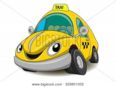 Cute Cartoon Taxi Car. Vector Illustration. Funny Yellow Car.