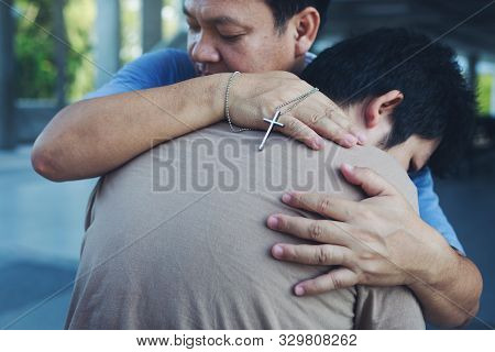 Male People Christian Adult Health Care Hug To Friend Team Support And Encourage Anointed Believe Wi