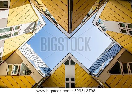 Rotterdam, Netherlands, September 2019: Low Angle View Of The Cube Houses, Architecture Both Designe