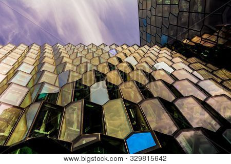 Reykjavik, Iceland, July 2019: Architecture Close-up And Detail Of The Glass Window Design Of The Ha
