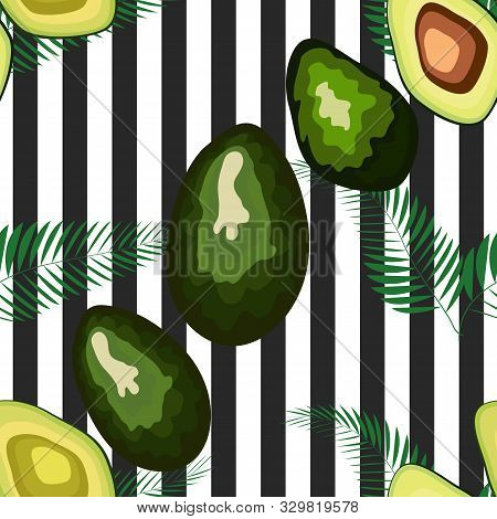 Seamless Pattern Of Avocado With Palm Leaves Dypsis Lutescens On A Striped Background.