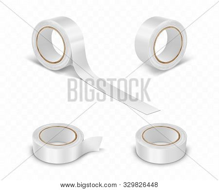 White Duct Roll Adhesive Tape Realistic Set Vector Illustration Isolated On Transparent Background. 