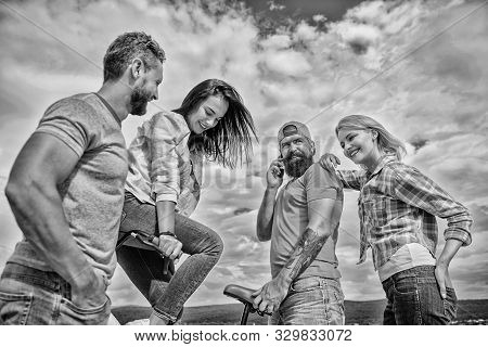 Double Date Concept. Group Friends Hang Out With Bicycle. Company Stylish Young People Spend Leisure