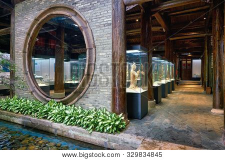 SHENZHEN, CHINA - CIRCA APRIL, 2019: interior shot of a building in Gankeng Hakka Town in Shenzhen. Gankeng Hakka Town is a tourist attraction by OCT Group.