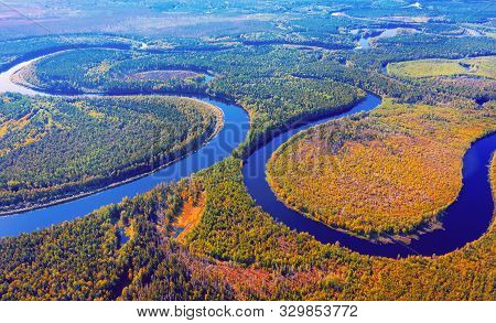Aerial Photography Of Landscape In Western Siberia. Agan River, Tributary Of Ob River.