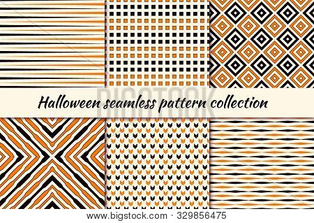 Halloween Seamless Pattern Collection. Holiday Backgrounds Set. Print Kit In Traditional Colors. Str