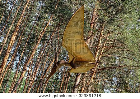 Belgorod, Russia - May 31, 2019: Pteranodon Overhead Suspended Statue In The Forest Of Belgorod Dino