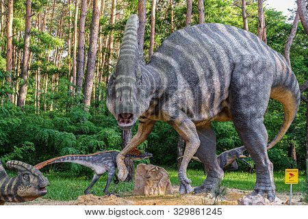 Belgorod, Russia - May 31, 2019: Full-size Statue Of Parasaurolophus In The Forest Of Belgorod Dinop