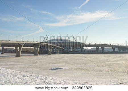 Saint Petersburg, Russia - February 16, 2019: Gazprom Arena, Western High-speed Diameter And The Bol